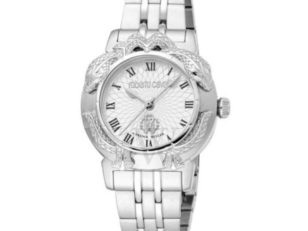 Roberto Cavalli by Franck Muller Ladies White Dial Silver-Tone Snake Embellished Watch on Sale