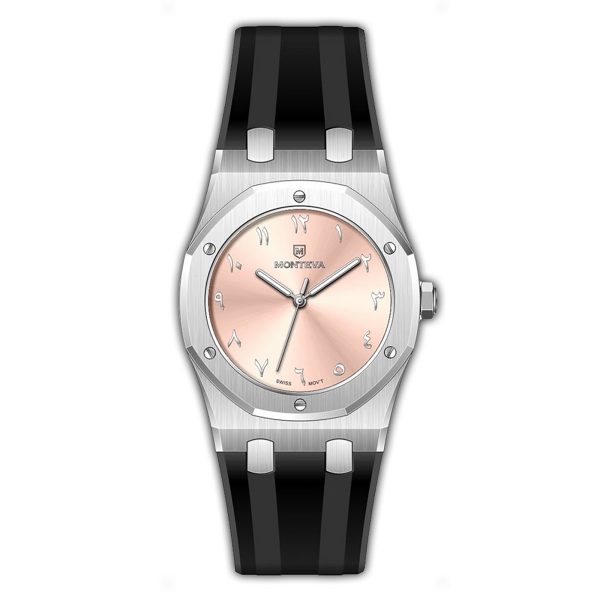 Monteva AP Gents Pink Dial Watch with Arabic Numerals and Black Rubber Strap Fashion