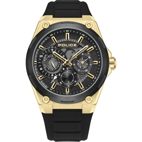 Police Salkantay Gents Black Dial Gold-Tone Stainless Steel Watch with Rubber Strap Hot on Sale