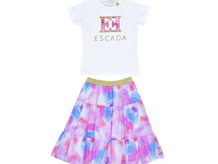 Escada Kids Girls  Playful White T-Shirt and Floral Skirt Set Cheap