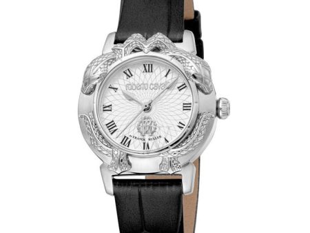 Roberto Cavalli by Franck Muller Ladies White Dial Snake Embellished Case Black Leather Watch Discount