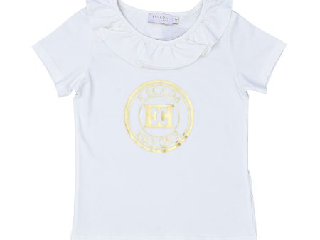 Escada Kids Girls  White Ruffle-Collar T-Shirt with Gold Logo For Cheap