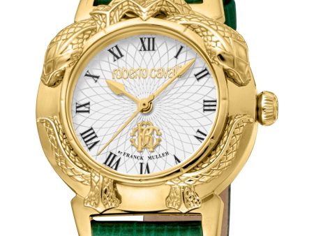 Roberto Cavalli by Franck Muller Ladies White Dial Gold-Tone Snake Embellished Case Green Leather Strap Watch Watch For Cheap